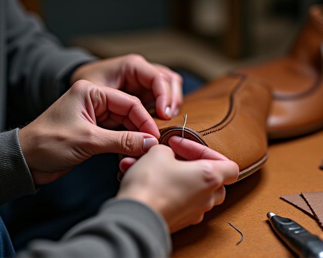 Mãos de um artesão costurando cuidadosamente a sola de um sapato de couro.