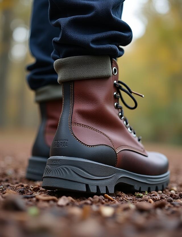 Bota robusta de caminhada em couro e com sola tratorada.