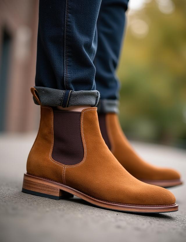Bota Chelsea masculina em camurça de cor tabaco.
