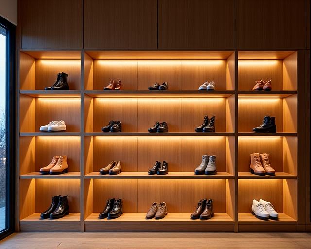Exposição de sapatos em prateleiras de madeira iluminadas dentro da boutique.