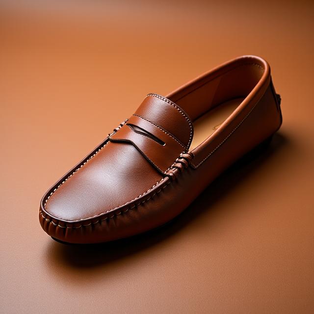 Mocassim de condução em couro marrom flexível.