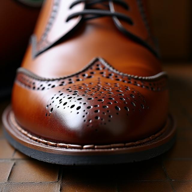 Sapato brogue em couro castanho com detalhes perfurados.