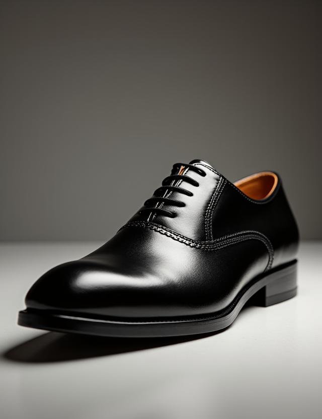 Sapato de couro clássico preto, modelo Oxford.