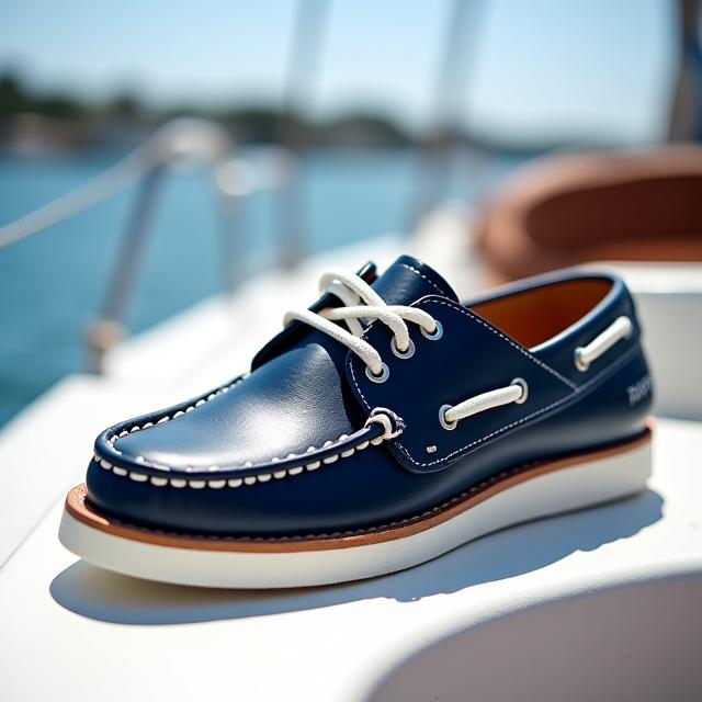 Sapato de vela náutico em couro azul-marinho e branco.